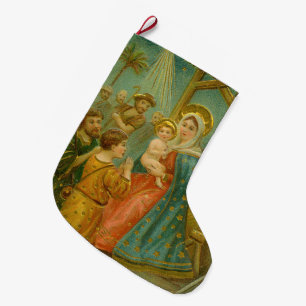 Vintage Edwardian Era Nativity Christmas Card Large Christmas Stocking
