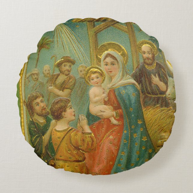 Vintage Edwardian Era Nativity Christmas Card Round Pillow (Front)