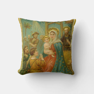 Vintage Edwardian Era Nativity Christmas Card Throw Pillow