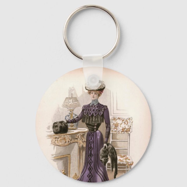 Vintage Edwardian Lady Fox Fashion Illustration Keychain (Front)