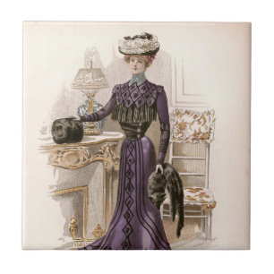 Vintage Edwardian Lady Fox Fashion Illustration Tile