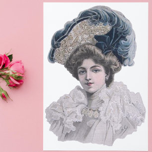 Vintage Edwardian Lady Portrait Elegant Blue Hat