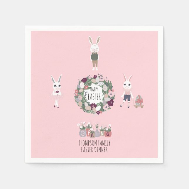 Vintage Eggs Bunny Wildflowers Personalized Easter Napkin (Front)