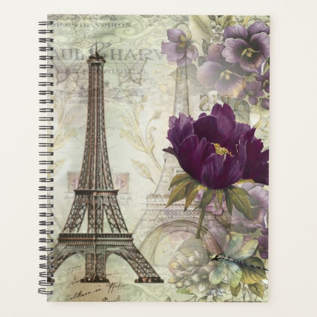 Vintage Eiffel Tower and Purple Flowers  Planner (Front)