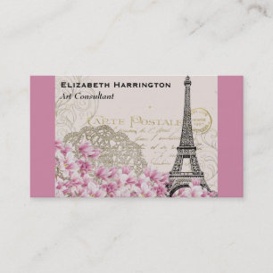 Vintage Eiffel Tower Collage with Pink WIldflower Business Card