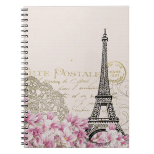 Vintage Eiffel Tower Collage with Pink Wildflowers Notebook