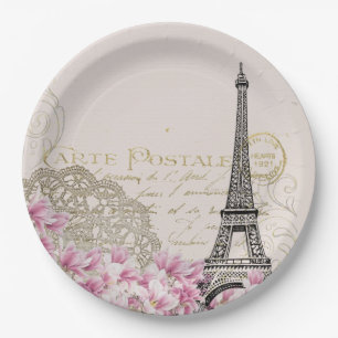 Vintage Eiffel Tower Collage with Pink Wildflowers Paper Plate
