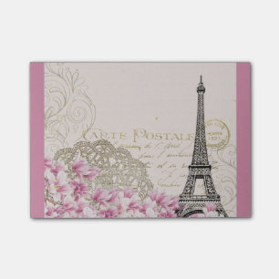 Vintage Eiffel Tower Collage with Pink WIldflowers Post-it Notes