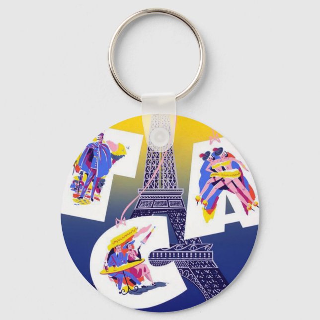Vintage Eiffel Tower Paris Air Travel Advertising Keychain (Front)