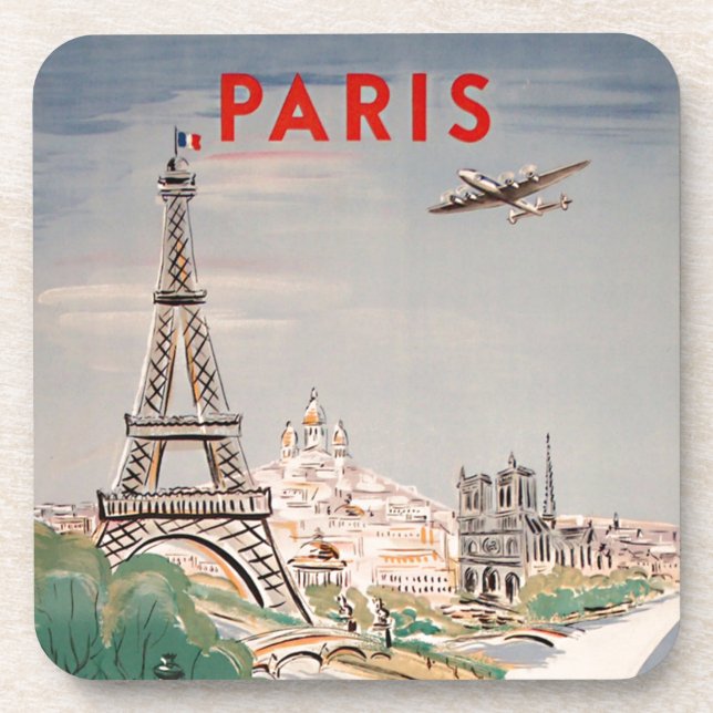 Vintage Eiffel Tower Paris Air Travel Lithograph Coaster (Front)
