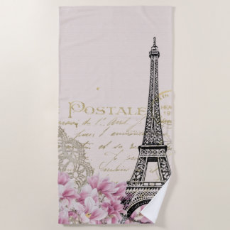 Vintage Eiffel Tower Paris France Romance Rose Beach Towel