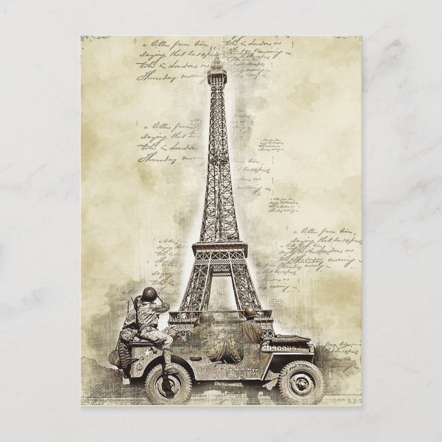 Vintage Eiffel Tower Paris France with Military  Postcard (Front)