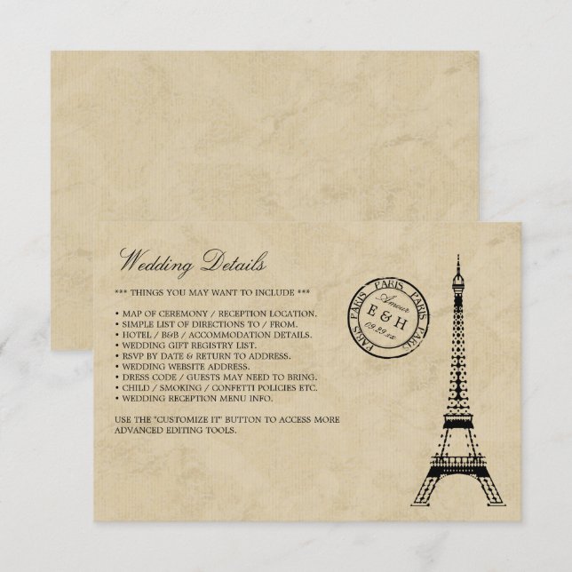 Vintage Eiffel Tower Paris Postmark Wedding Enclosure Card (Front/Back)