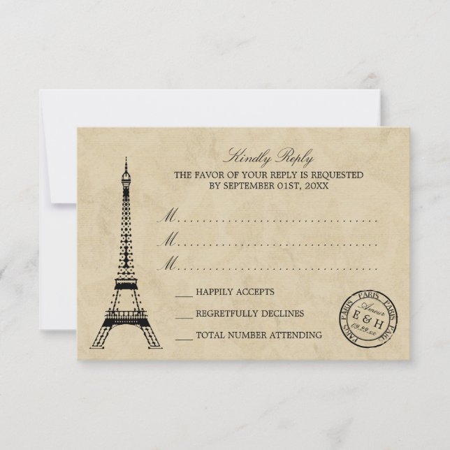 Vintage Eiffel Tower Paris Postmark Wedding RSVP Card (Front)