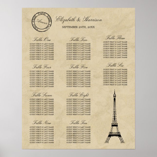 Vintage Eiffel Tower Paris Postmark Wedding Seat Poster (Front)