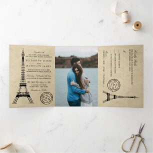 Vintage Eiffel Tower Paris Postmark Wedding Suite Tri-Fold Invitation