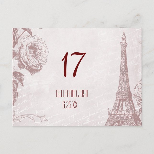 Vintage Eiffel Tower Wedding Table Card Postcard (Front)