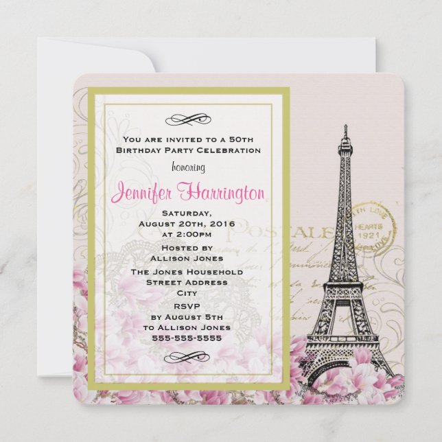 Vintage Eiffel Tower with Pink Flowers Birthday Invitation (Front)