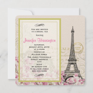 Vintage Eiffel Tower with Pink Flowers Bridal Tea Invitation