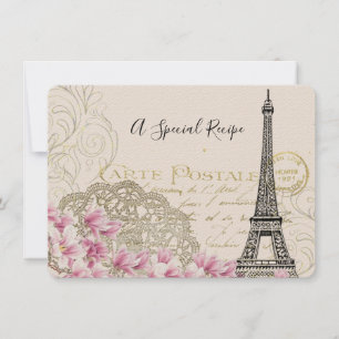 Vintage Eiffel Tower with Pink Flowers Recipe Card