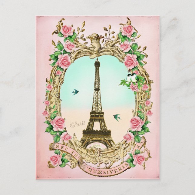 Vintage Eiffel tower with Pink Roses Postcard (Front)