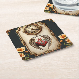 Vintage elegance: an elegant clock and heart.  square paper coaster