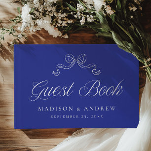 Vintage Elegance Blue and Silver Bow Photo Wedding Guest Book