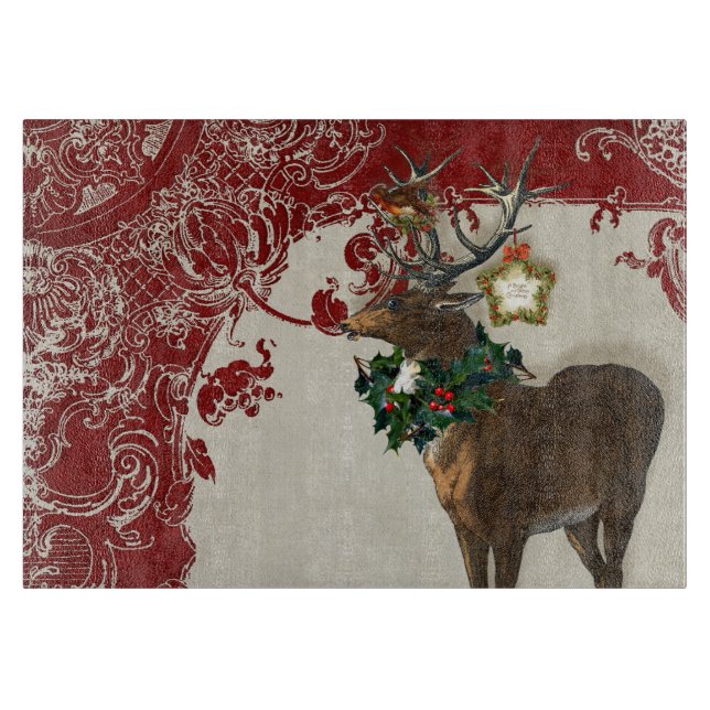 Vintage Elegance Christmas Deer Antlers Damask Cutting Board (Front)