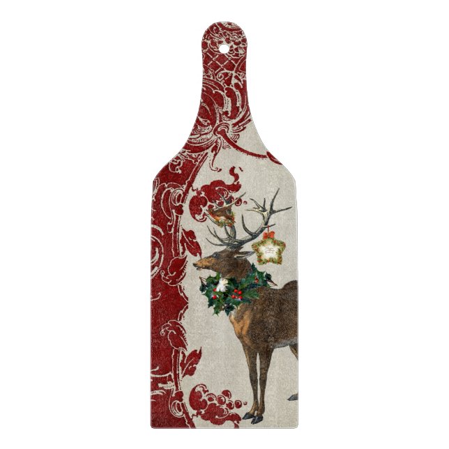 Vintage Elegance Christmas Deer Antlers Damask Cutting Board (Front)
