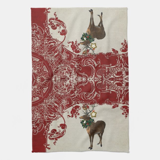 Vintage Elegance Christmas Deer Antlers Damask Kitchen Towel (Vertical)