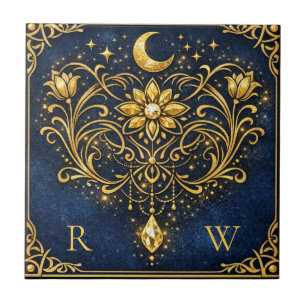 Vintage Elegance Mystical Gold Celestial Monogram Tile