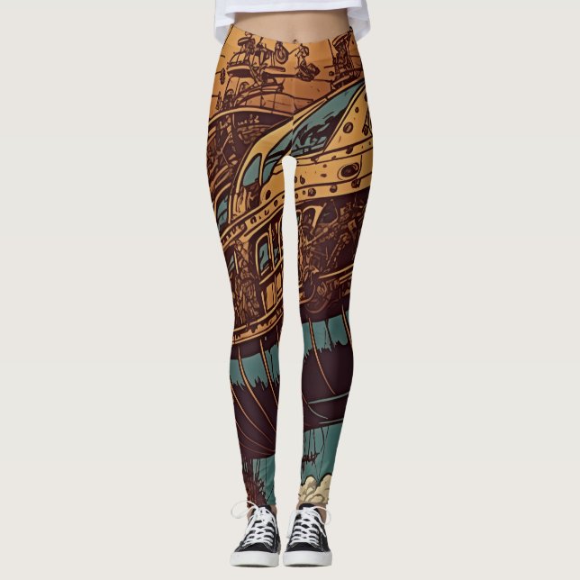 Vintage Elegance: Steampunk Airship Adventure  Leggings (Front)
