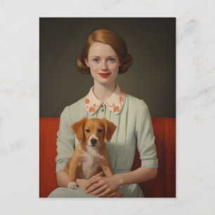 Vintage Elegance: Woman with Puppy in Pastel Postcard