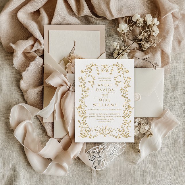 Vintage Eleganse Golden Flowers Frame Wedding Invitation (Creator Uploaded)