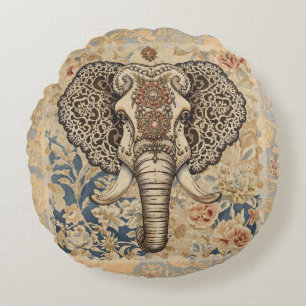 Vintage Elegant, Antique Elephant, Peach Blue Beig Round Pillow
