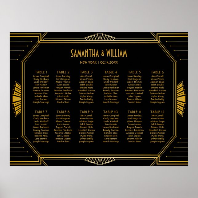 Vintage Elegant Art Deco Black Gold Seating Chart (Front)