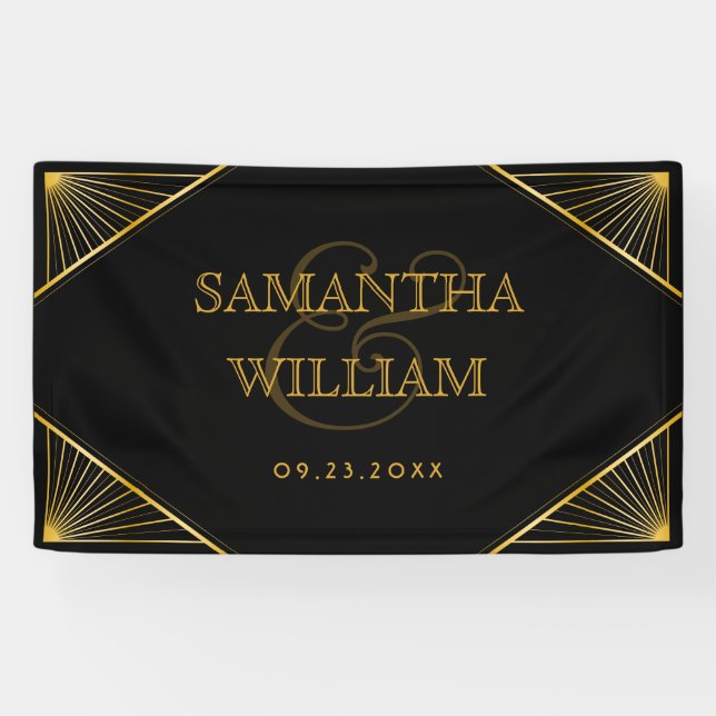 Vintage Elegant Art Deco Black Gold Wedding Banner (Horizontal)