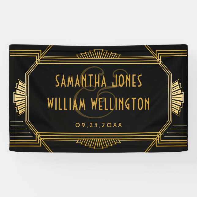 Vintage Elegant Art Deco Black Gold Wedding Banner (Horizontal)
