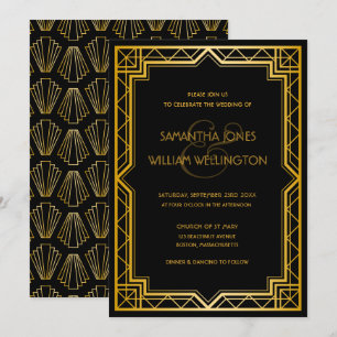 Vintage Elegant Art Deco Black Gold Wedding  Invit Invitation