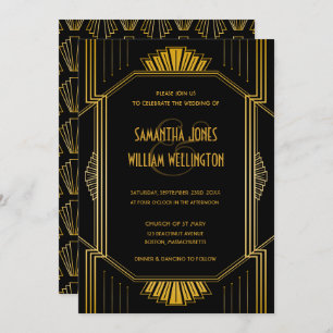 Vintage Elegant Art Deco Black Gold Wedding  Invitation