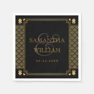 Vintage Elegant Art Deco Black Gold Wedding Napkin