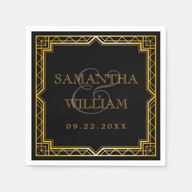 Vintage Elegant Art Deco Black Gold Wedding Napkin (Front)