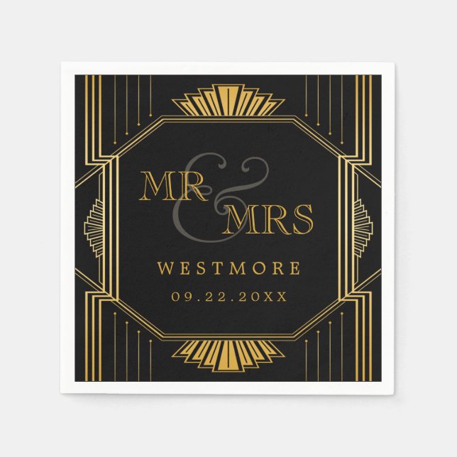 Vintage Elegant Art Deco Black Gold Wedding Napkin (Front)