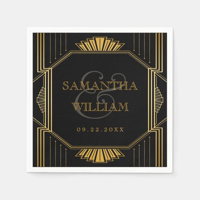 Vintage Elegant Art Deco Black Gold Wedding Napkin (Front)