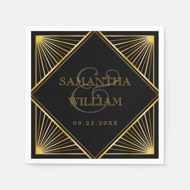 Vintage Elegant Art Deco Black Gold Wedding Napkin (Front)