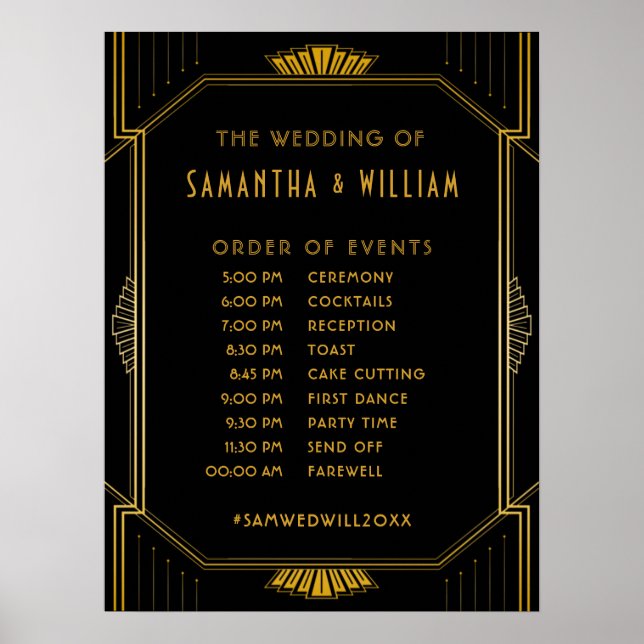 Vintage Elegant Art Deco Gold Wedding Timeline Poster (Front)