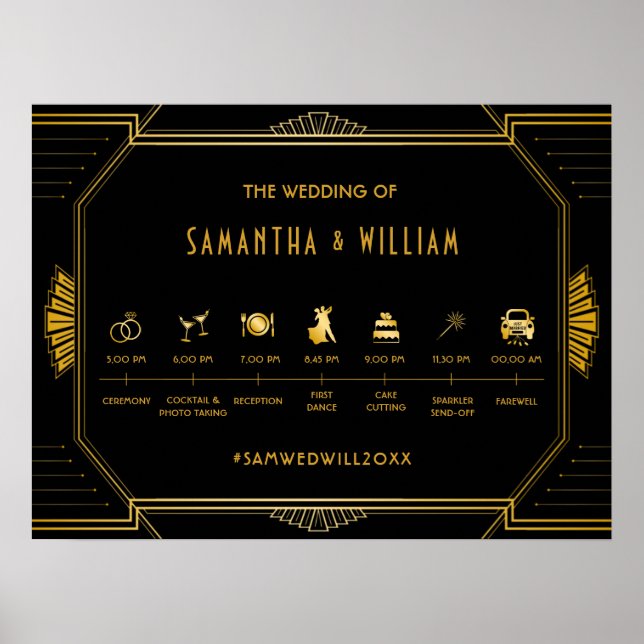Vintage Elegant Art Deco Gold Wedding Timeline Poster (Front)