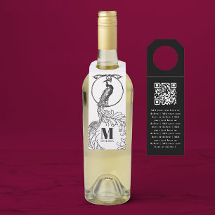 Vintage Elegant Black And White Peacock QR Code Bottle Tag