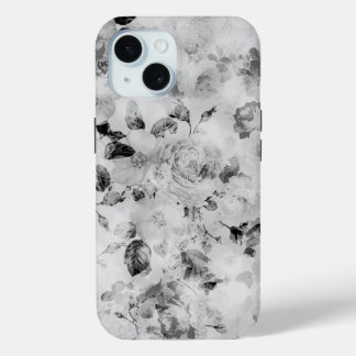 Vintage elegant black and white roses floral iPhone 15 case