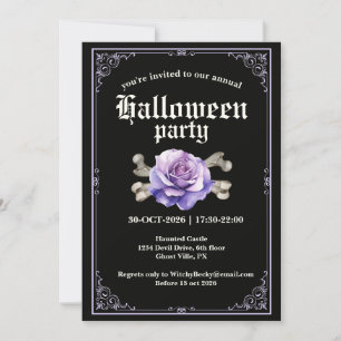 Vintage Elegant Black Purple Rose Halloween Party Invitation